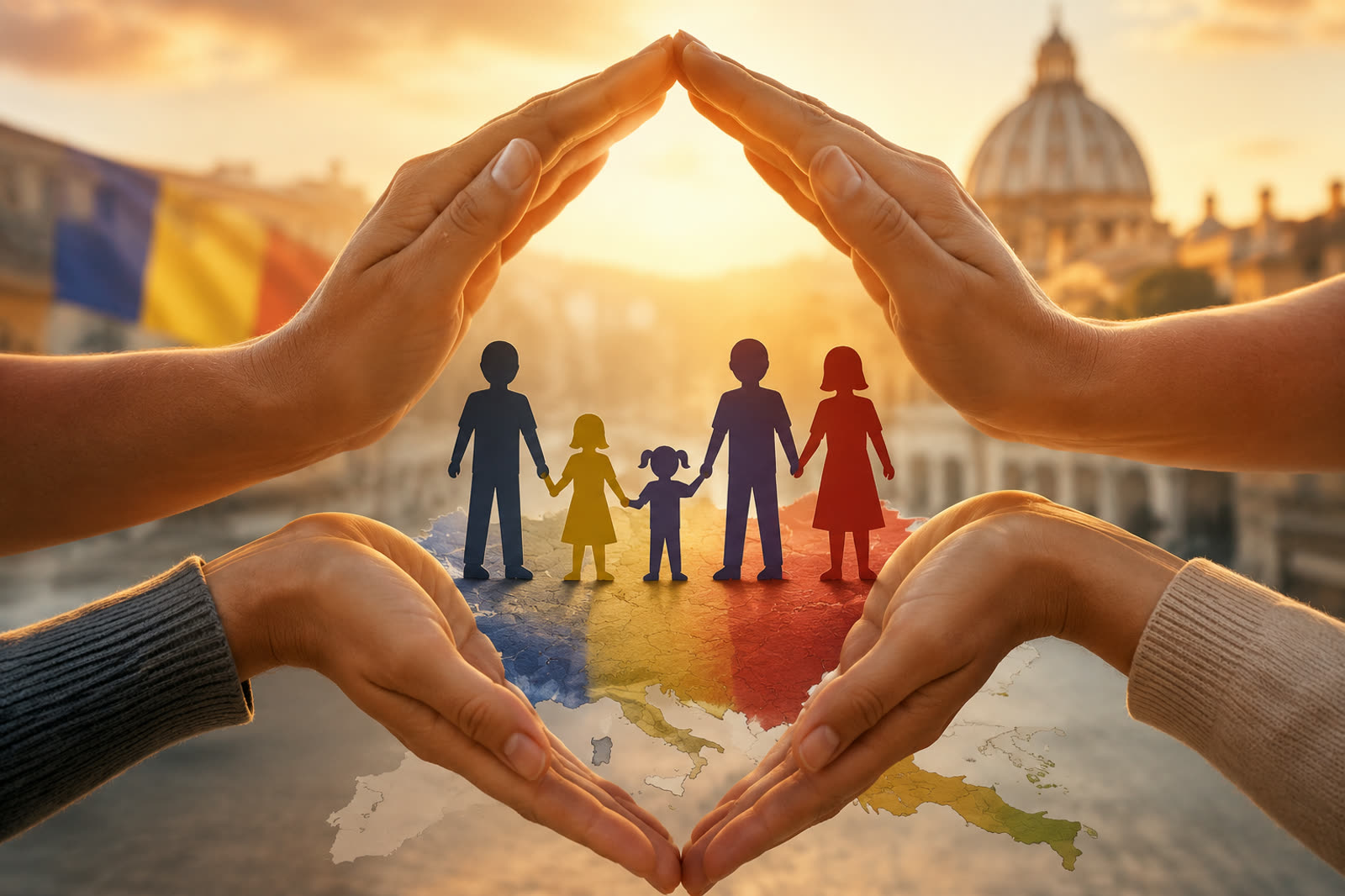 Quattro mani formano il tetto di una casa attorno a una famiglia di carta, sulla mappa di Italia e Romania, con la cupola di San Pietro sullo sfondo